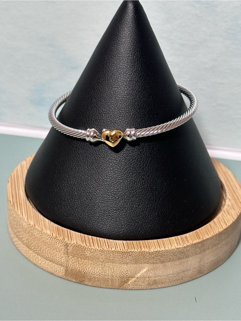Two-Tone Heart Cable Bangle Bracelet - Silver and Gold